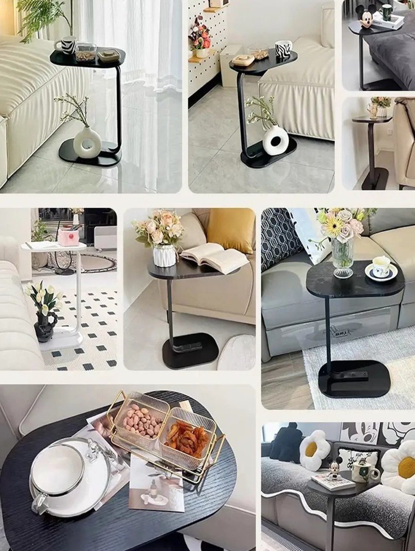 Mesa Auxiliar Ovalada C-Shape Estilo Minimalista con Base de Metal