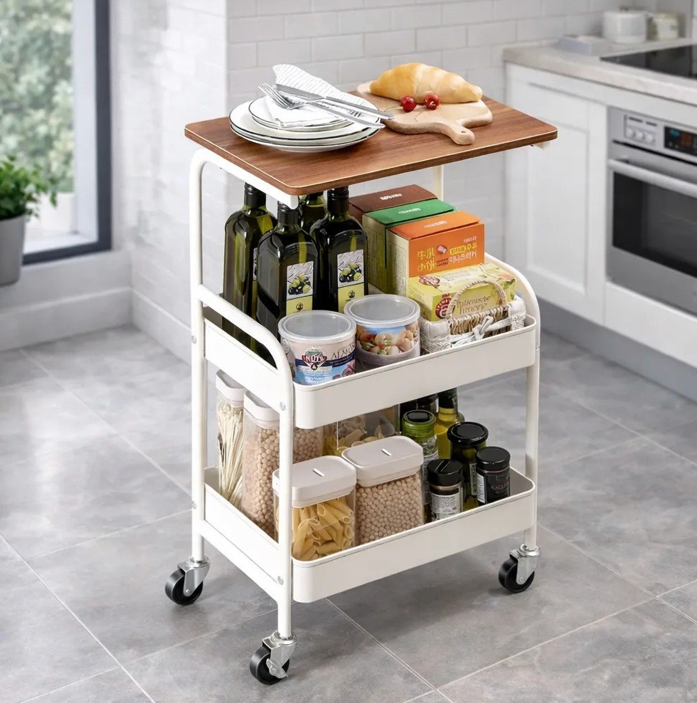 Carrito Organizador Multiusos con Superficie Superior de Madera y Ruedas