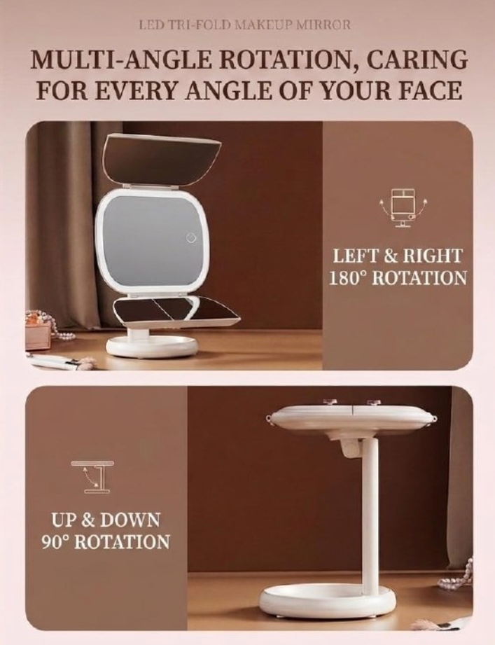 Espejo de Maquillaje Tri-Fold LED Tipo-C
