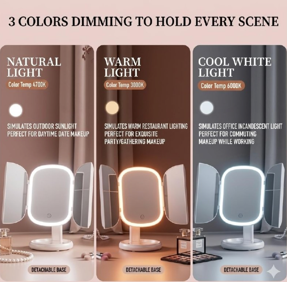 Espejo de Maquillaje Tri-Fold LED Tipo-C
