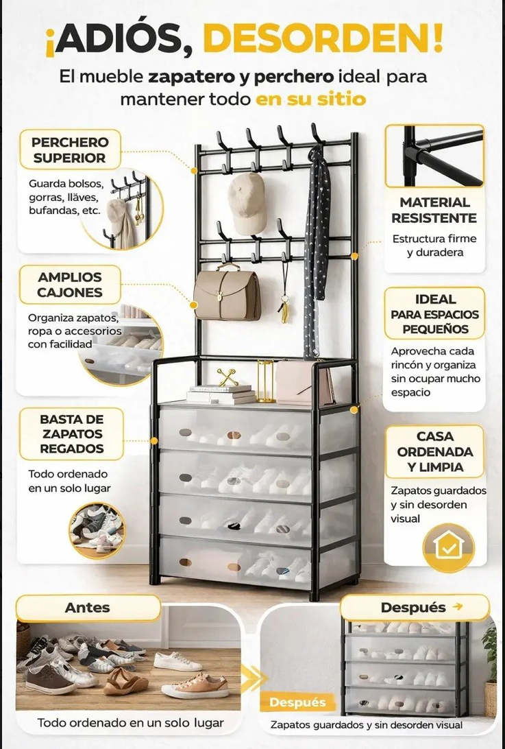 Mueble Zapatero Organizador 2 en 1 con Perchero y Cajones