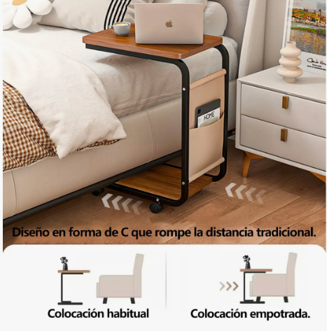 Mesa Auxiliar C-Shape Móvil con Organizador Lateral de Tela