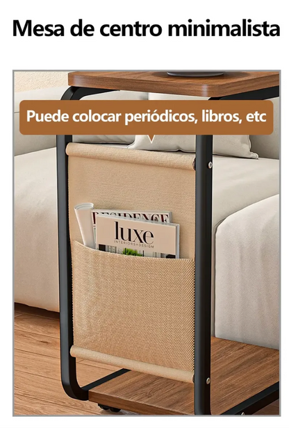 Mesa Auxiliar C-Shape Móvil con Organizador Lateral de Tela