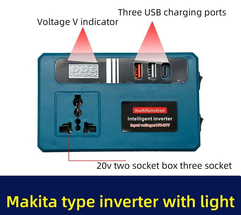 Inversor Inteligente Multifunción Tipo Makita con Luz LED y Puertos USB