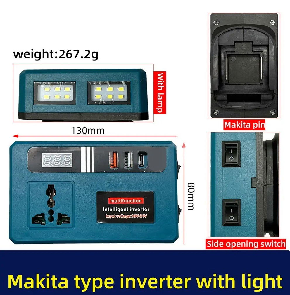 Inversor Inteligente Multifunción Tipo Makita con Luz LED y Puertos USB