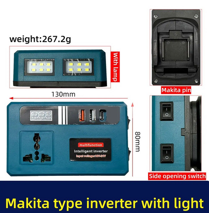Inversor Inteligente Multifunción Tipo Makita con Luz LED y Puertos USB