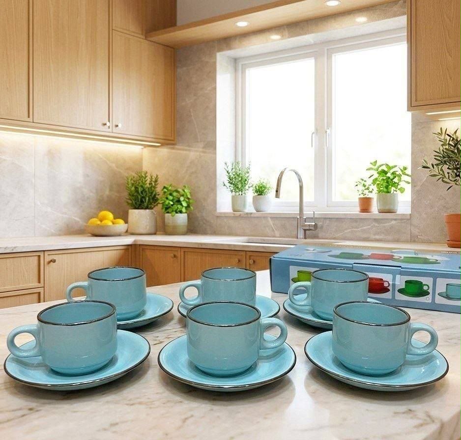 Set de 6 tazas + 6 platos celeste