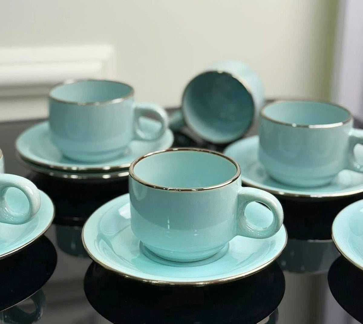 Set de 6 tazas + 6 platos celeste
