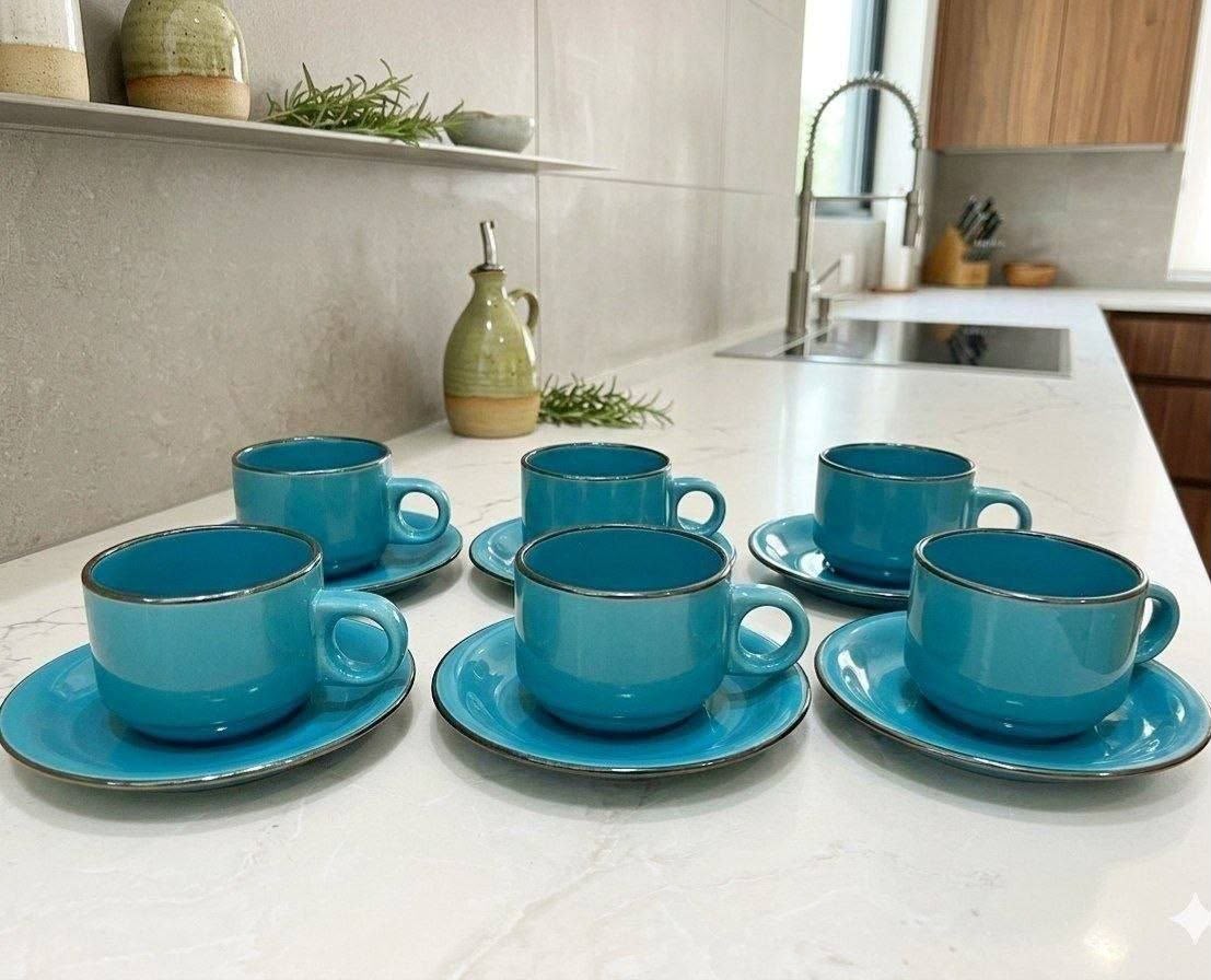 Set de 6 tazas + 6 platos azul